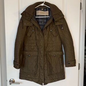 Burberry Brit Olive Green Quilted Long Puffer Coat